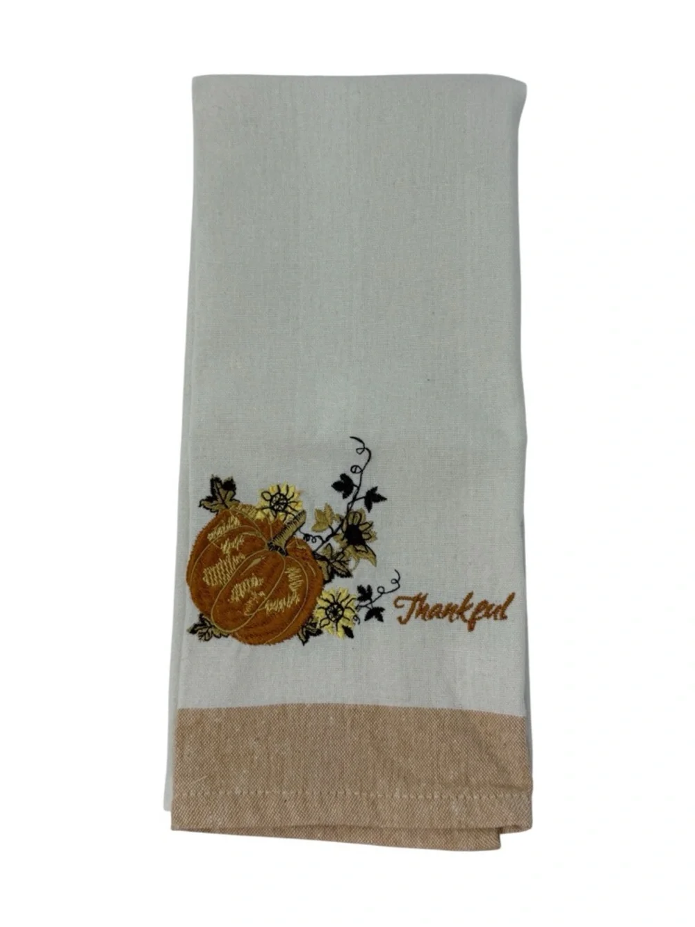 Thankful Pumpkin Embroidered Kitchen Towel in White and Brown